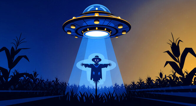 UFO hovering over a cornfield beaming light onto a scarecrow at night. Stylized flat vector illustration of a mysterious flying saucer on a farm. Sci-fi mystery concept for alien invasion themes.