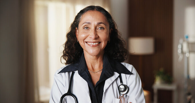 Medical, portrait or doctor in hospital with smile, clinical service or pride as physician. Happy, ambition or mature woman with confidence, general practitioner or about us in healthcare industry.