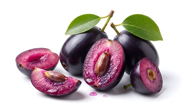 Fresh ripe java plums with green leaves isolated on a white background.