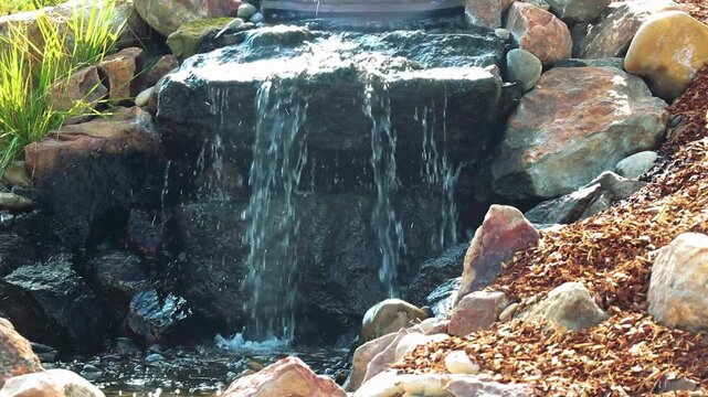 Decorative garden waterfall with flowing water over dark stones, backyard pond water feature with natural rock landscaping and wood mulch