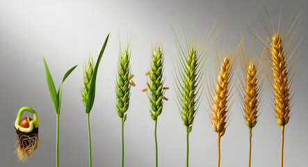 Fototapeta premium Wheat growth stages from germinating seed to ripened golden grain ear. Sequence showing biological development of cereal crops. Agricultural evolution concept for farming education and marketing.