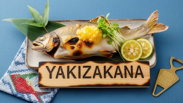 Traditional Japanese Yakizakana grilled sweetfish with yuzu and shiso on sashiko cloth, featuring an ocean blue background with elegant minimalist copy space.