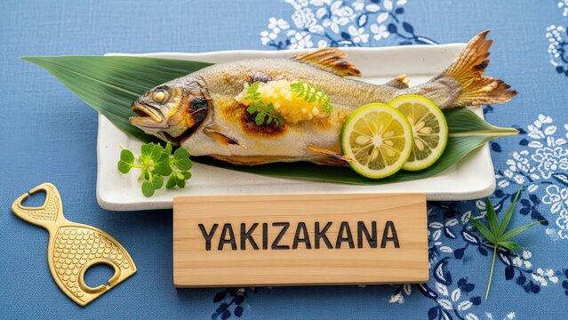 Traditional Japanese Yakizakana grilled sweetfish with yuzu and shiso on sashiko cloth, featuring an ocean blue background with elegant minimalist copy space.