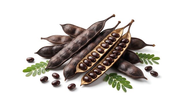 Fresh tamarind pods with seeds and green leaves isolated on a white background.