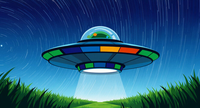 Colorful cartoon UFO flying saucer hovering over a field at night. The alien spacecraft features bright lights and a beam against a starry sky. Sci-fi mystery concept, perfect for children's media.