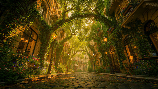 Charming cobblestone street with lush ivy and a natural tree arch. Golden sunlight illuminates a romantic European alley with flowers and lanterns. Enchanting urban nature for travel marketing.
