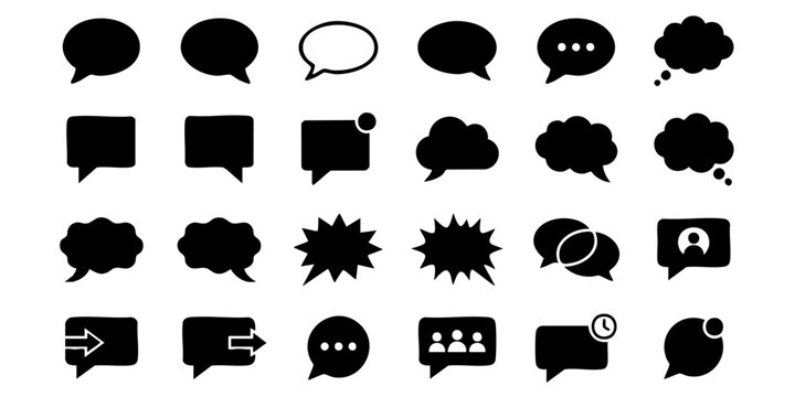 Collection of speech bubbles and conversation icons representing communication, dialogue, and messaging in various styles for digital and print media
