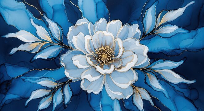 Close-up of a white flower on blue fabric. Elegant floral design with detailed petals and leaves.