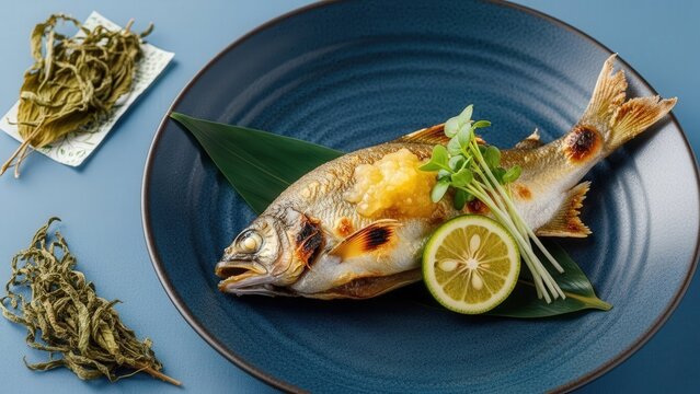 Close up of traditional Japanese Yakizakana grilled sweetfish with yuzu and washi paper, featuring a dark ocean blue background with minimalist copy space.