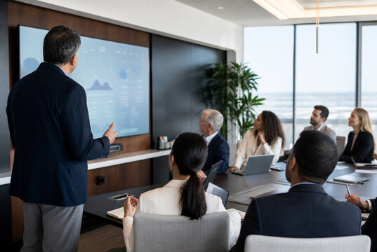 Executive team reviews AI implementation strategy during boardroom meeting, driving enterprise transformation, technology adoption, leadership and business innovation with copy space.