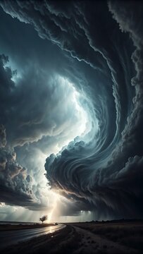 Supercell storm with lightning. Dramatic rotating clouds over a dark rural landscape.