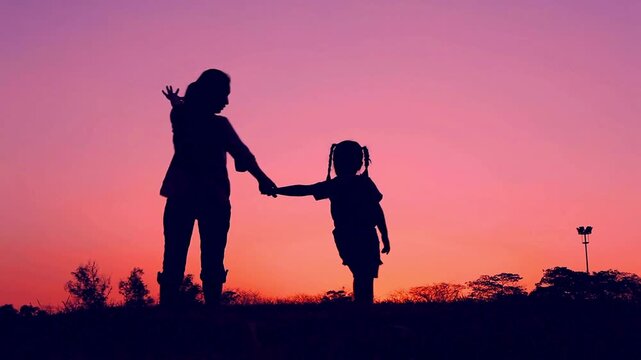 mother and kid on sunset