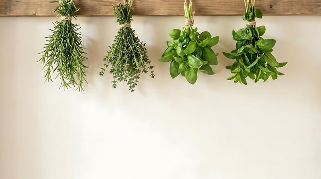 Bundles of fresh herbs hanging on wooden wall.