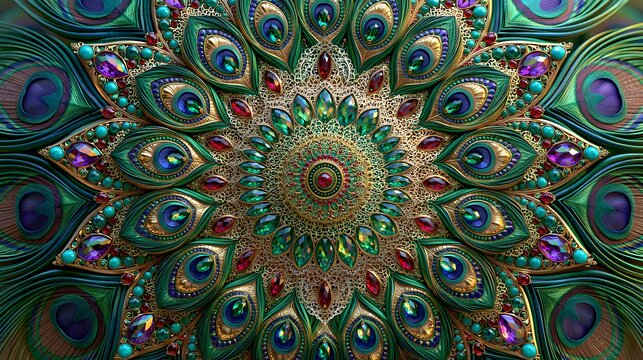 7D peacock feather mandala with emerald green, sapphire blue, ruby red, gold, turquoise, and violet gemstones, intricate ornamental lace.