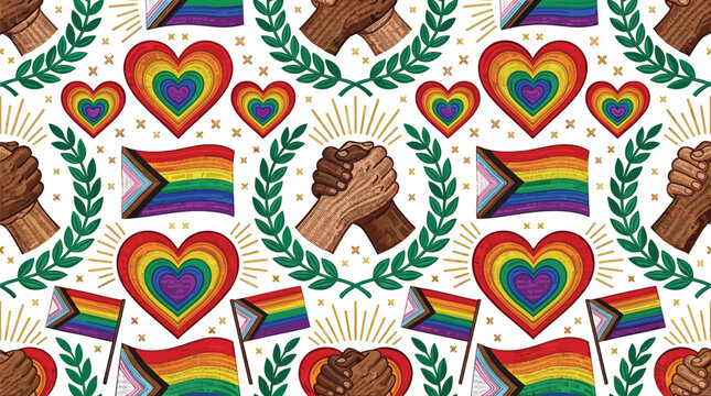 LGBTQ Pride Seamless Pattern with Rainbow Hearts, Inclusive Flags, Unity Hands, Laurel Wreaths, and Equality Celebration Vector Background