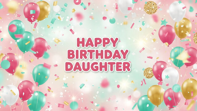 Happy Birthday Daughter greeting text overlay on a festive pastel pink and mint green background filled with colorful balloons, gold glitter dots, shiny paper confetti holiday card banner.