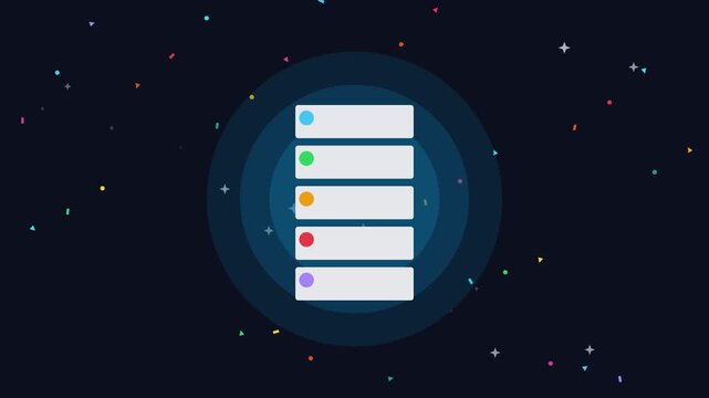 Animated list template with colorful bullet points and confetti animation 4k background, for presentation and infographic