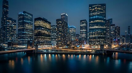 Obraz premium Modern city skyscrapers illuminated over water at night.