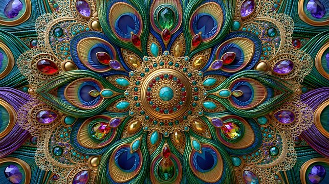 7D peacock feather mandala with emerald green, sapphire blue, ruby red, gold, turquoise, and violet gemstones, intricate ornamental lace.