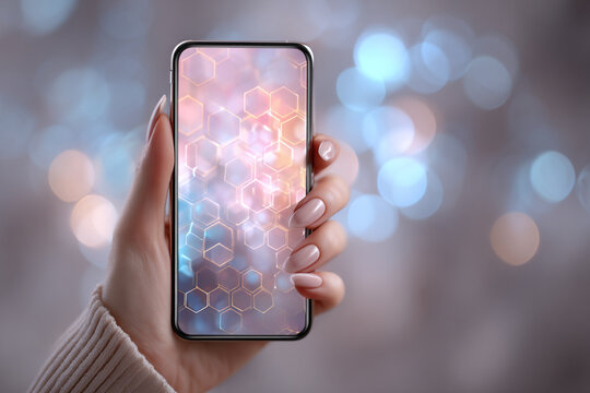 Close up of a woman hand holding a smartphone showing abstract glowing digital honeycomb network pattern on screen, blurred soft pastel bokeh lights background, technology and connectivity banner.
