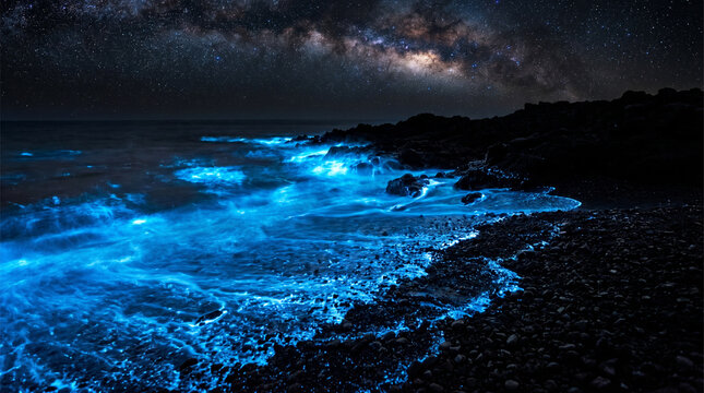 Bioluminescent glowing blue waves on rocky beach at night under Milky Way starry sky magical seascape with luminous plankton and galaxy