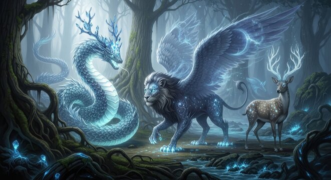 A mystical dragon and a winged griffin confront each other in an enchanted forest