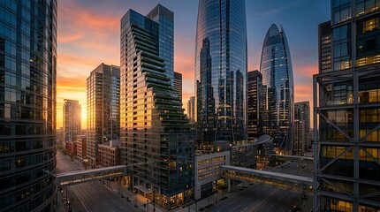 Obraz premium Modern glass skyscrapers at golden hour sunset.