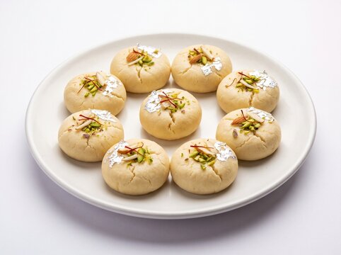 Authentic Indian Milk Peda Garnished with Saffron and Pistachios Isolated on White Background