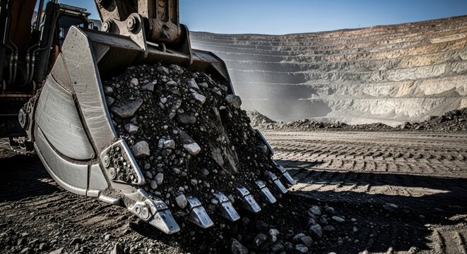 Excavator bucket fills with coal at a surface mining operation