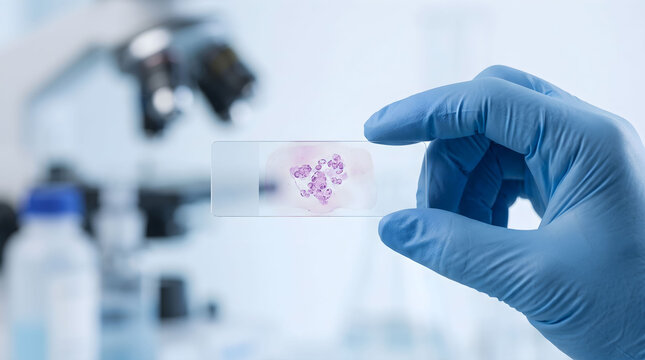 Microscope slide with biological virus culture specimen under examination in scientific laboratory