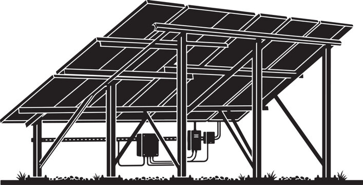 Black and white of a ground-mounted solar panel array with support structure, electrical junction boxes, and conduit wiring on a grassy ground surface