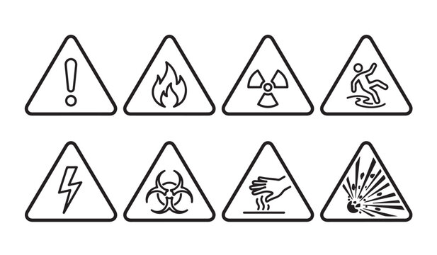 Universal safety warning symbols and hazard alerts collection with industrial attention triangle radioactive electricity biohazard explosive