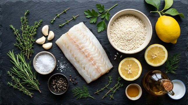 Raw White Fish Fillet with Arborio Rice, Lemon, Garlic, and Fresh Herbs on Dark Slate Background.