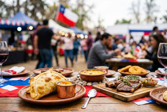 Chilean table with empanadas, asado, and pebre sauce during a lively Fiestas Patrias outdoor celebration.
