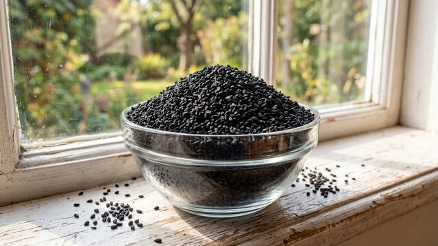 Healthy Black Cumin Seeds in Glass Bowl on Wooden Windowsill