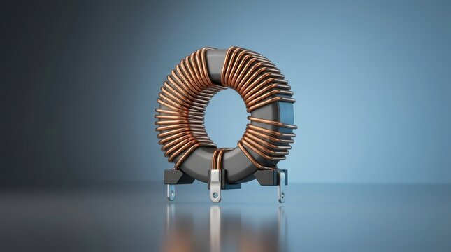 Toroidal inductor 3D render circular magnetic coil for power filtering switching regulators and high efficiency electronic systems