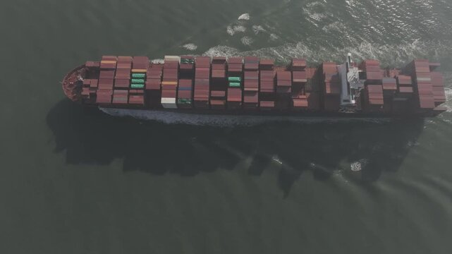 Aerial drone footage of container ships sailing across Ganh Rai Bay, Ho Chi Minh City, Vietnam, showcasing global maritime transport, busy shipping routes and coastal logistics.