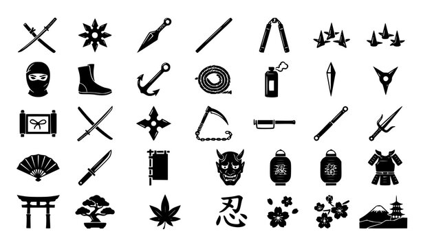 Professional Ninja Equipment and Shuriken Silhouette Vector Icon Collection