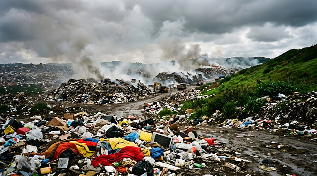 Colorful umbrellas scattered on rocky hillside with cloudy sky