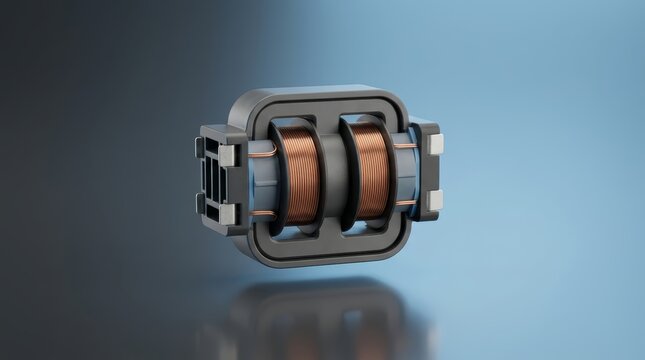 Common mode choke 3D render electromagnetic noise suppression component for power lines industrial electronics and communication equipment