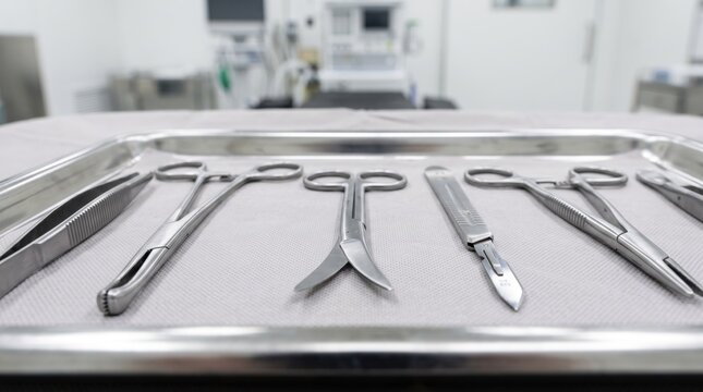 Sterile surgical instruments tray with scalpel scissors and forceps, operating room equipment, medical tools for surgery, hospital procedure setup, stainless steel tools, sharp ...