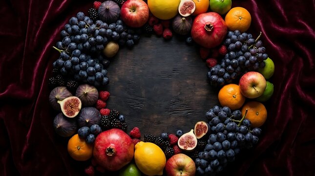 Circular arrangement of fresh fruits on velvet.