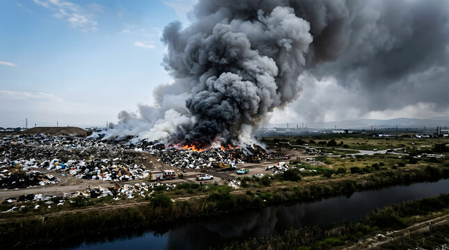 Dark storm clouds over a flooded river with debris, aerial view water