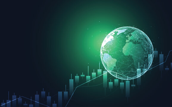 Global financial trading concept with glowing digital earth globe and rising stock market candlestick chart on dark background
