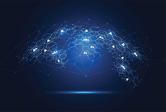 Global digital network connection and social communication concept with glowing world map and people icons on blue background