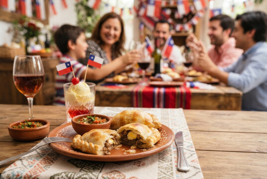 Empanadas, pebre, and drinks served during a celebration Chilean Independence Day with family.