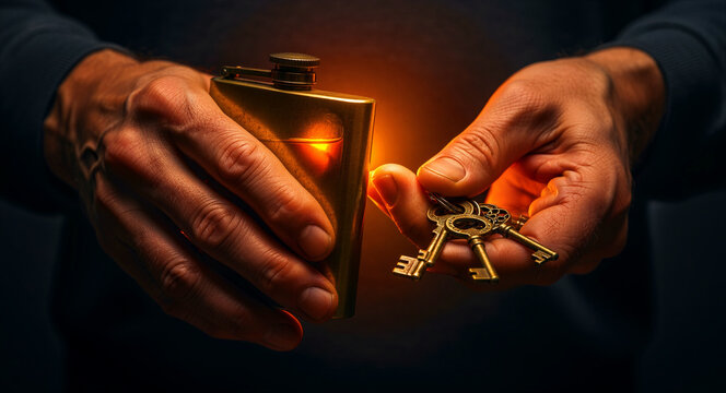 Hands holding a gold flask and vintage keys. Dramatic lighting highlights the contrast between alcohol and control. Drunk driving prevention concept, ideal for safety and addiction awareness.