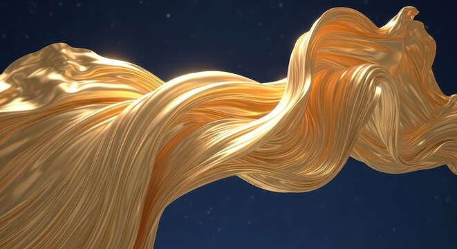 Abstract golden fabric flowing in the wind. Dynamic textile movement with luxurious metallic sheen.