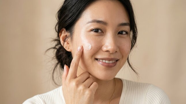 アジア人女性が顔にクリームを塗り、健康で輝く肌のためのスキンケアルーティンを実演している。