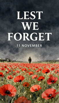 Lest we forget Remembrance Day text over poppy field with soldier